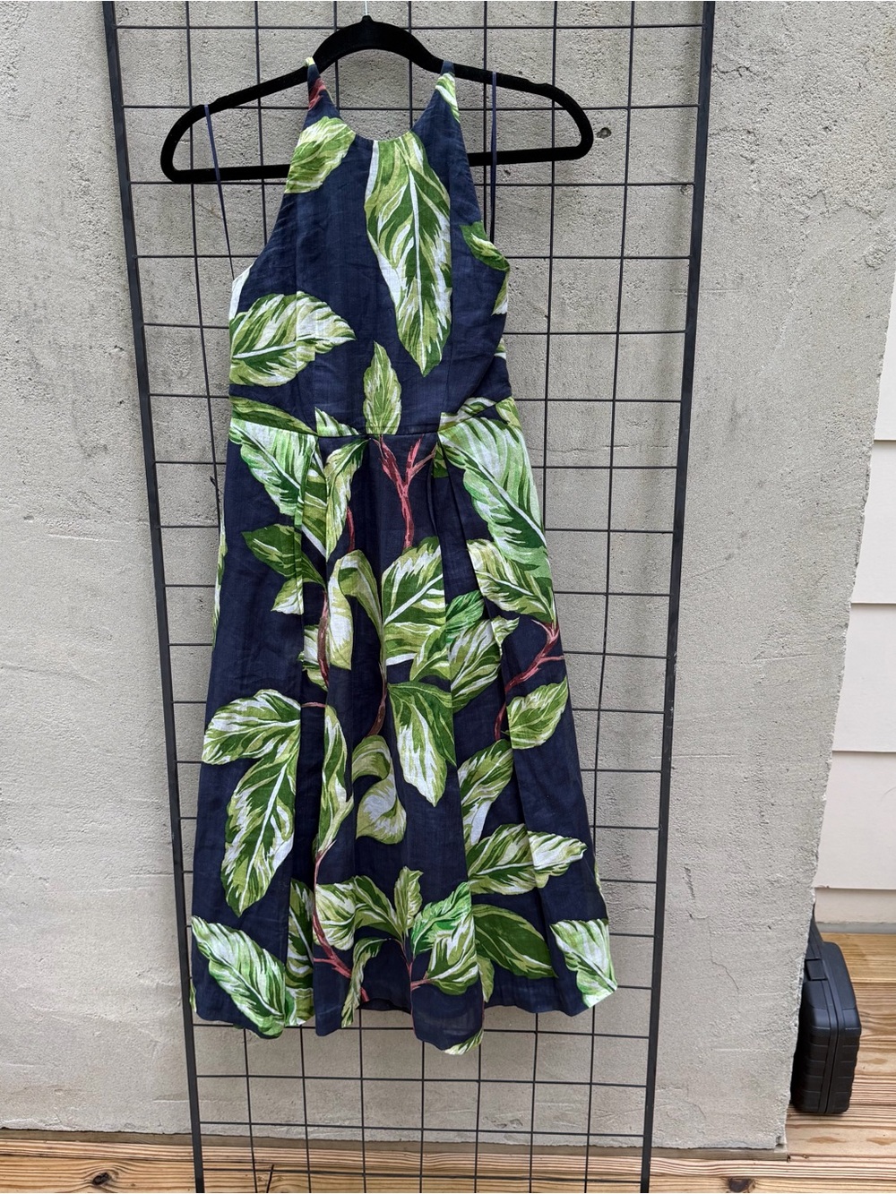 ANN TAYLOR • Navy Halter Dress with Green Tropical Leaf Print